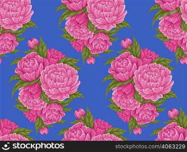 Vector seamless retro pattern with cartoon illustration of peony flowers with foliage on blue background. Fabric swatch with lush floral bush. Botany contrast texture of natural floral bouquet.. Vector seamless retro pattern with cartoon illustration of peony flowers with foliage on blue background. Fabric swatch with lush floral bush.