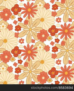 Vector seamless retro pattern with dense groovy flowers. Ditsy hippie texture with different beige and coral flowers on white background. Floral retro background for fabrics and wallpapers.. Vector seamless retro pattern with dense groovy flowers. Ditsy hippie texture with different beige and coral flowers on white background.