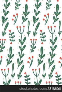 Vector seamless rustic floral pattern on white background. Texture with stem and berries with folk art. Wallpaper with herbs and twig with naive decorations with polka dot.. Vector seamless rustic floral pattern on white background. Texture with stem and berries with folk art.