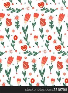 Vector seamless rustic floral pattern. Texture with flower with folk art. Wallpaper with tulips with naive decorations on white background with polka dot.. Vector seamless rustic floral pattern. Texture with flower with folk art. Wallpaper with tulips with naive decorations