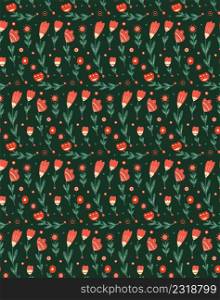Vector seamless rustic floral pattern. Texture with flower with folk art. Wallpaper with tulips with naive decorations on green background with polka dot.. Vector seamless rustic floral pattern. Texture with flower with folk art. Wallpaper with tulips with naive decorations