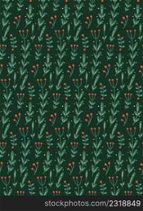 Vector seamless rustic floral pattern. Texture with stem and berries with folk art. Wallpaper with herbs with naive decorations on green background with polka dot.. Vector seamless rustic floral pattern. Texture with stem and berries with folk art. Wallpaper with herbs with naive decorations