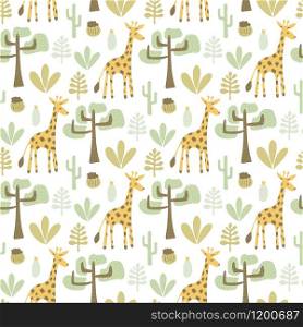 Vector Seamless Safari Pattern with Giraffes and savannah landscape