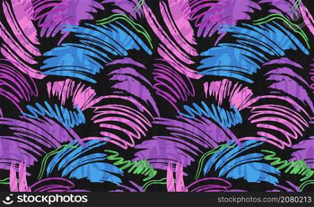 Vector seamless scribble pattern, made of chaotic lines.. Vector seamless scribble pattern, made of chaotic lines and stokes. Black pink blue violet colors surface design very peri trend fashion design on dark background.