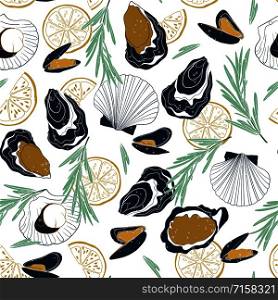 Vector seamless seafood pattern on white background. Hand drawn oysters, mussels, scallops, lemon slices and rosemary.