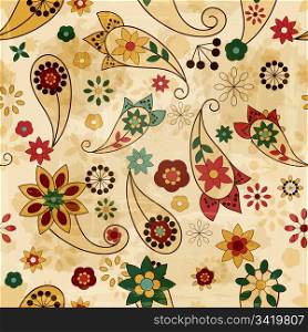 vector seamless spring pattern, paisley elements and flowers, old paper texture