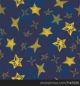 vector seamless star background. yellow and blue winter illustration. abstract seamless pattern with stars of different shapes, snowflakes and dots