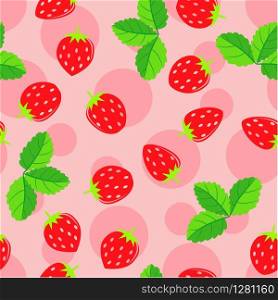 vector seamless strawberry fruit pattern with red fruits and green leaves on pink background with juice spots. juicy red strawberry seamless pattern for food illustrations
