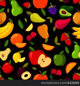 Vector seamless summer fruits pattern on a black background. Color fruits pattern illustration. Vector seamless summer fruits pattern on a black background