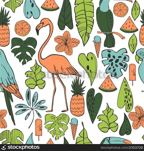 Vector seamless summer pattern with flamingo, parrot and tropical plants.. Vector summer pattern with birds and tropical plants.