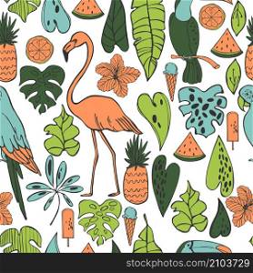 Vector seamless summer pattern with flamingo, parrot and tropical plants.. Vector summer pattern with birds and tropical plants.
