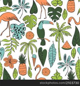 Vector seamless summer pattern with flamingo, toucan and tropical plants.. Vector summer pattern with birds and tropical plants.