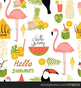 Vector seamless summer pattern with flamingo, toucan and tropical plants.