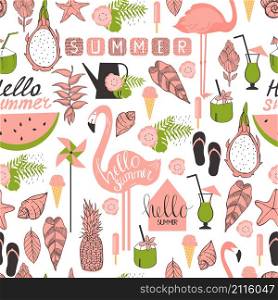 Vector seamless summer pattern with flamingo, tropical plants and ice cream.. Vector seamless summer pattern with flamingo