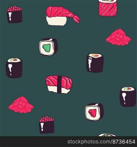 Vector seamless sushi pattern Sushi isolated icons in seamless pattern, vector illustration. Wrapping paper design for Japanese restaurant food delivery packages. Vector seamless sushi pattern Sushi isolated icons in seamless pattern, vector illustration. Wrapping paper design for Japanese restaurant food delivery packages.