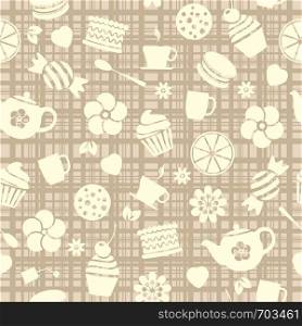 vector seamless tea pattern with cake, chocolate candy, macaroon, cookie, cups, teapot, lemon slice, heart and flower on background of crossed straight lines