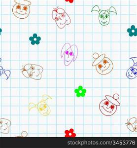 Vector seamless texture with cartoons of children on the school page