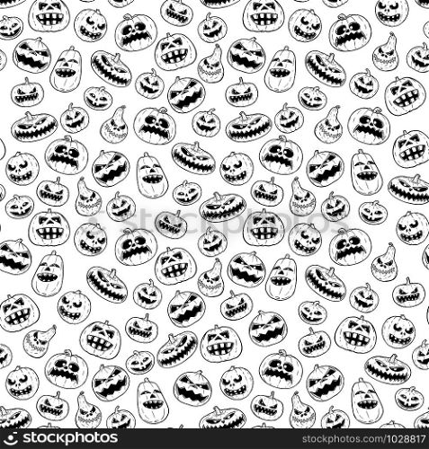 Vector seamless tileable black and white design of halloween pumpkin pattern.. Halloween Pumpkin, Seamless Vector Tileable Black and White Pattern