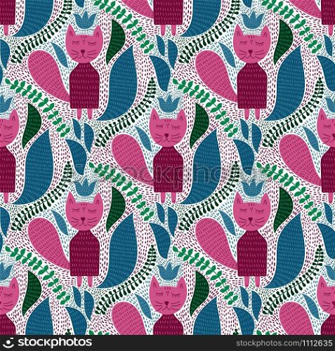 Vector Seamless Tough Pattern with Cats and Plants. Seamless Wallpaper