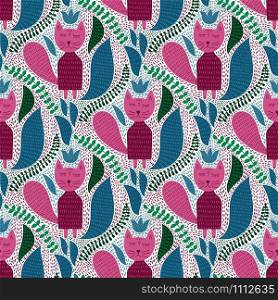 Vector Seamless Tough Pattern with Cats and Plants. Seamless Wallpaper