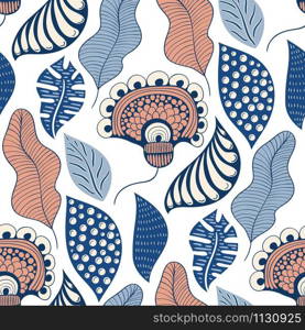 Vector Seamless Tough Pattern with Fantastic Flowers and Leaves.