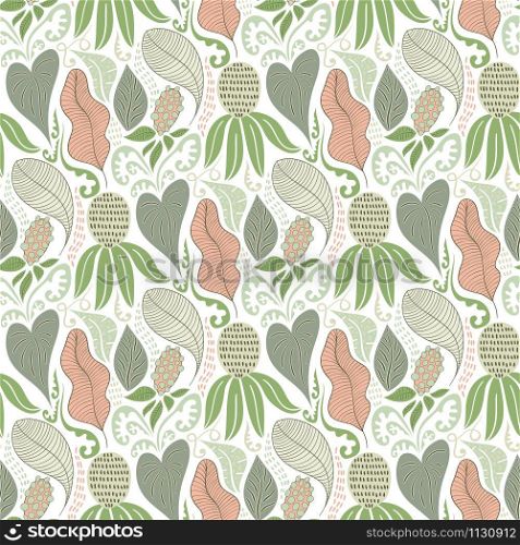 Vector Seamless Tough Pattern with Flowers and Leaves.
