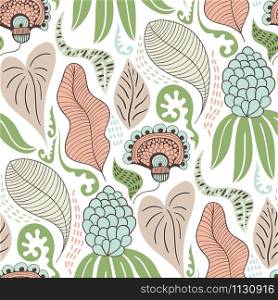 Vector Seamless Tough Pattern with Flowers and Leaves.