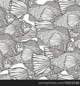 Vector Seamless Tough Pattern with Funky Fish . Hand drawn engraving style.