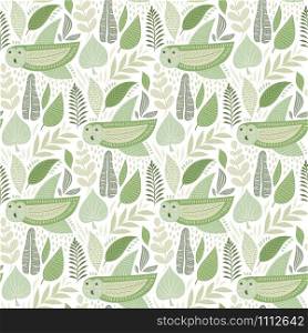 Vector Seamless Tough Pattern with Owls and Floral Elements. Scandinavian style. Green Pastel Colours