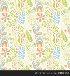 Vector Seamless Tough Tropical Pattern with Fantastic Plants and Leaves. Original Design for Wallpaper, Pattern, Print, Card etc  