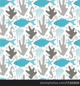 Vector Seamless Tough Underwater Pattern with creatures and plants