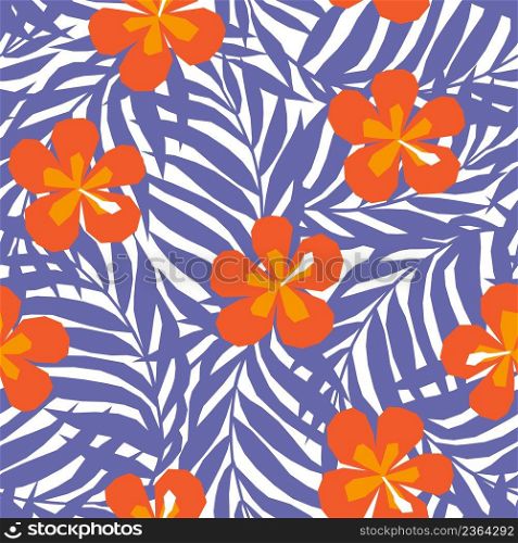 Vector seamless trendy pattern with exotic flowers in jungle leaves