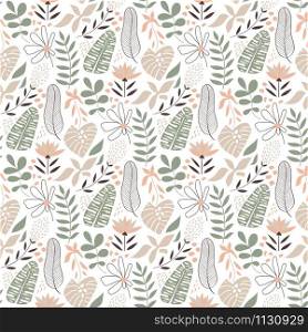 Vector Seamless Tropical Tough Pattern with Flowers and Palm Leaves.