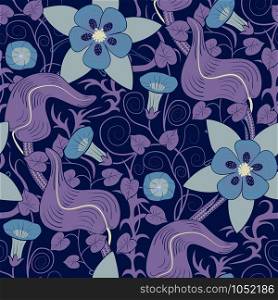 Vector seamless vintage floral pattern. Flowers bindweed and epimedium on a blue background. Vector seamless vintage floral pattern. Flowers on a blue background