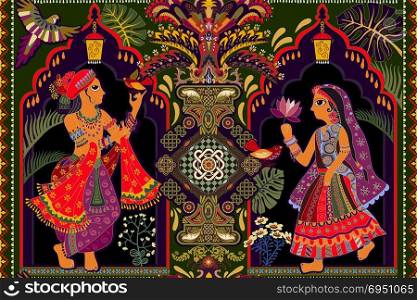 Vector seamless wallpaper, indian motif. Man and woman in the garden. Ethnic style. Indian color miniature. Decorative seamless panel, hand drawn illustration. Vector seamless wallpaper, indian motif. Man and woman in the garden. Ethnic style. Indian color miniature. Decorative seamless panel, hand drawn illustration. Colorful backdrop