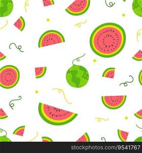 Vector seamless watermelon pattern with vines, seeds and slices on white background. Summer hand drawn textile print in cartoon style. Flat vector design, good for gift wrapping, fabric