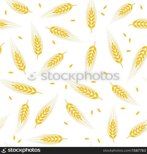 vector seamless wheat, barley or rye background pattern, abstract agricultural yellow ornament on white background with crop harvest ears and wheat, barley or rye seeds