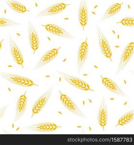 vector seamless wheat, barley or rye background pattern, abstract agricultural yellow ornament on white background with crop harvest ears and wheat, barley or rye seeds