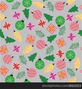vector seamless winter background with christmas balls, gift boxes, pine cones, pine tree sprigs and christmas tree symbols. seamless pattern for happy new year and merry christmas illustrations