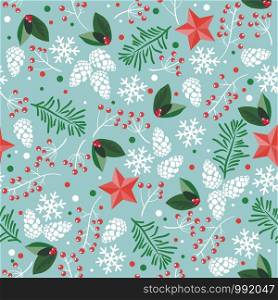 vector seamless winter background with pine cones, red stars, snowflakes, pine tree sprigs and ted berries. seamless pattern for happy new year and merry christmas illustrations