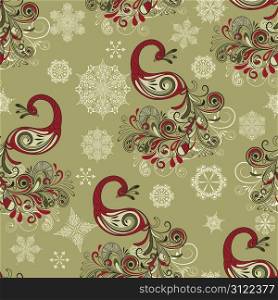vector seamless winter pattern with stylized peacocks and snowflakes, fully editable file with clipping masks