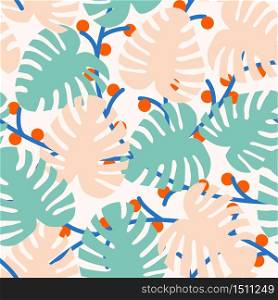 Vector Seasonal Abstract Tropical Palm Leaves Pattern, Pastel Pink & Blue.