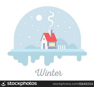 Vector seasonal illustration of sweet house with chimney and smoke. Winter season concept with snowflakes on white background. Flat style design for web, site, banner, christmas greeting card