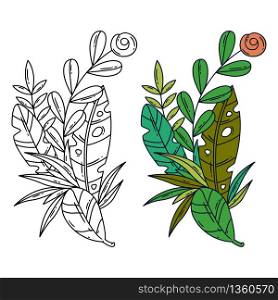 Vector separated illustration of tropical leaves and flower. Element for logo.