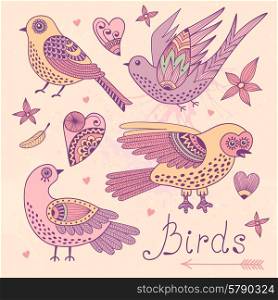 Vector set birds and hearts. Hand drawn elements for design.