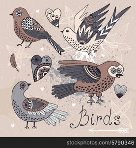 Vector set birds and hearts. Hand drawn elements for design.