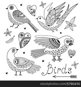 Vector set birds and hearts. Hand drawn elements for design.