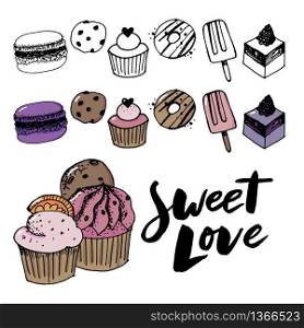 Vector set confectionery and sweets icons. Dessert, lollipop, ice cream with candies, macaron and pudding. Donut and cotton candy, muffin, waffles. Vector set confectionery and sweets icons. Dessert, lollipop, ice cream with candies, macaron and pudding. Donut and cotton candy, muffin, waffles, biscuits
