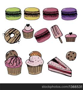 Vector set confectionery and sweets icons. Dessert, lollipop, ice cream with candies, macaron and pudding. Donut and cotton candy, muffin, waffles. Vector set confectionery and sweets icons. Dessert, lollipop, ice cream with candies, macaron and pudding. Donut and cotton candy, muffin, waffles, biscuits