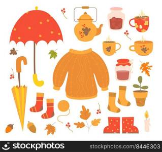 Vector set cozy autumn. An umbrella, sweater and knitted socks, jar of jam, kettle and hot tea, autumn leaves and acorns, rubber boots and candle. Isolated elements for fall design and decor, cards